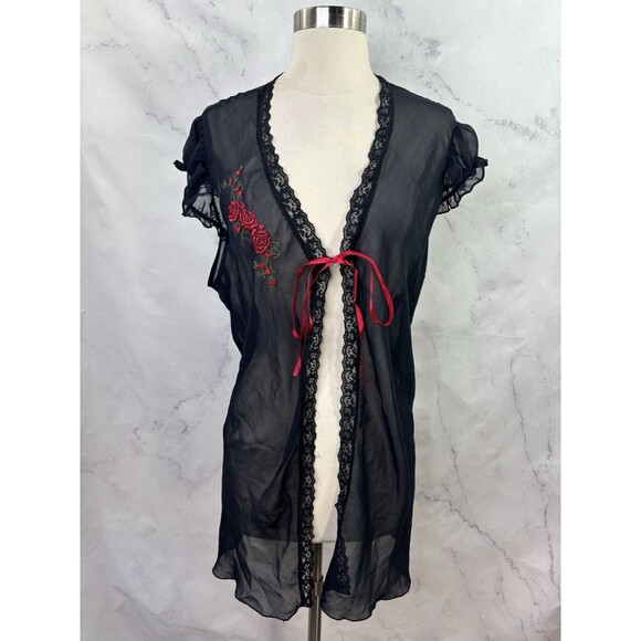 Vtg 90s Mesh Babydoll Robe XL Black Red Ribbon Rose Embroidery Gothic Romantic - Picture 9 of 14